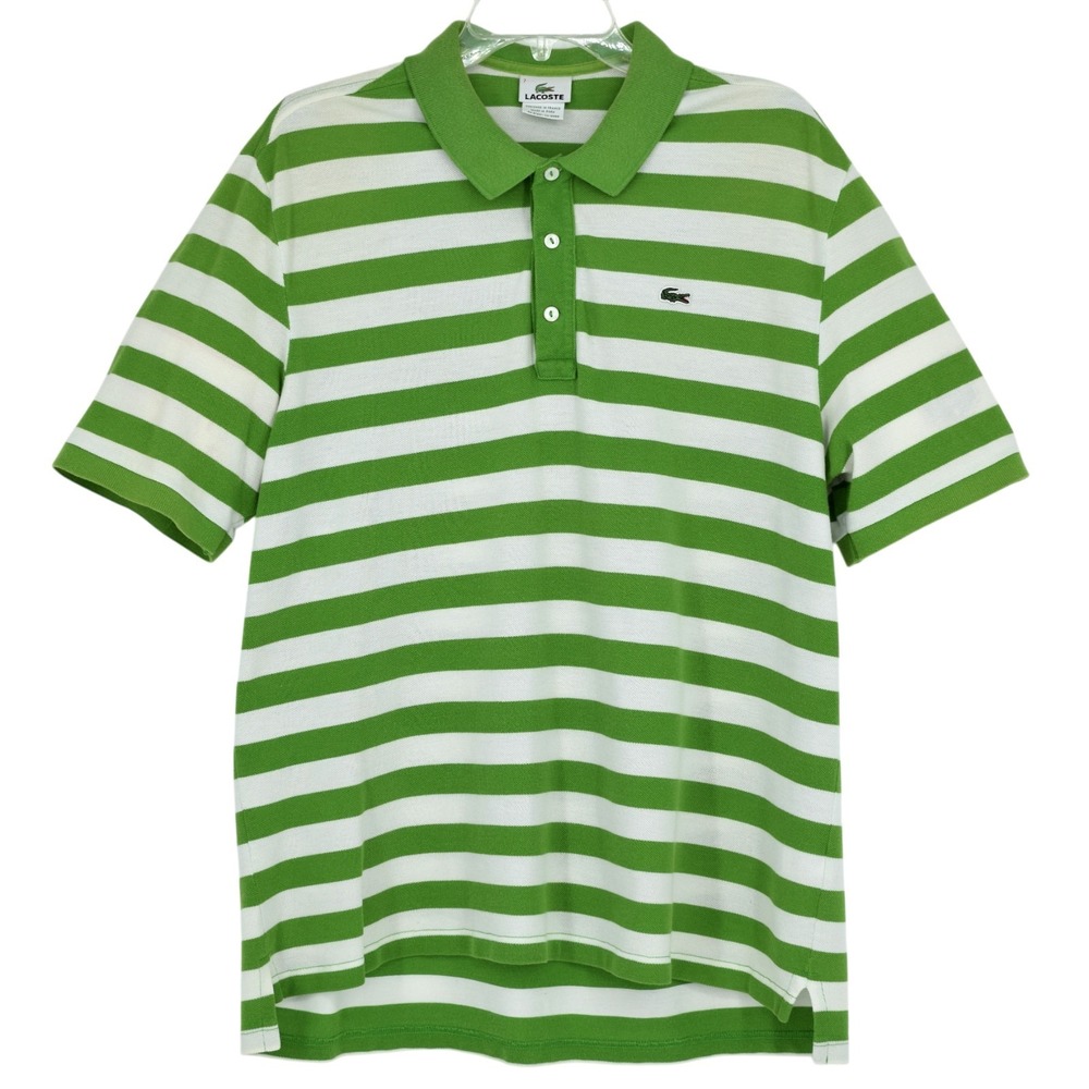 Lacoste‎ Vintage Y2K Striped Polo Shirt Green White Logo Collar Mens 7 XXL